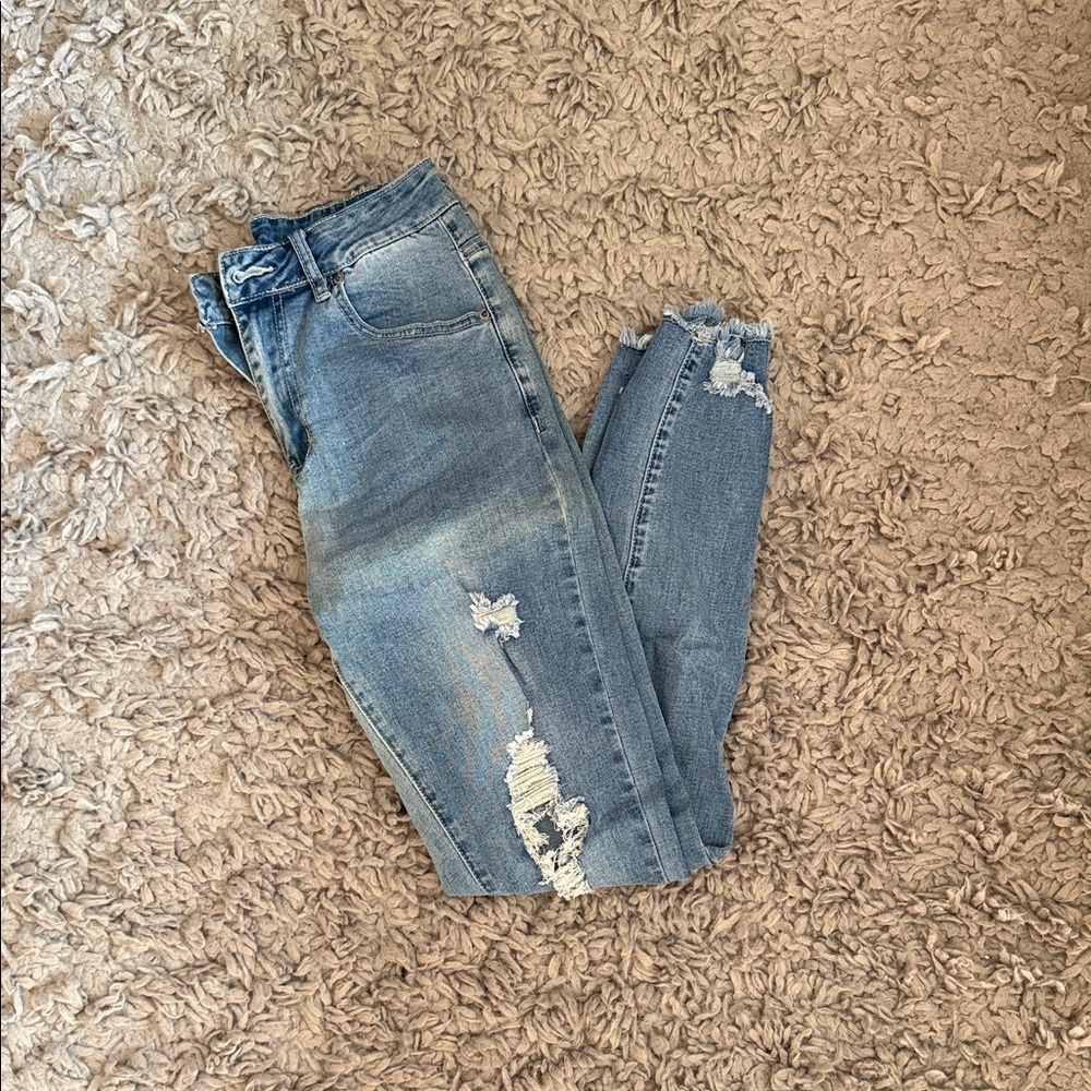 PrettyLittleThing Light Blue Distressed Skinny Jeans